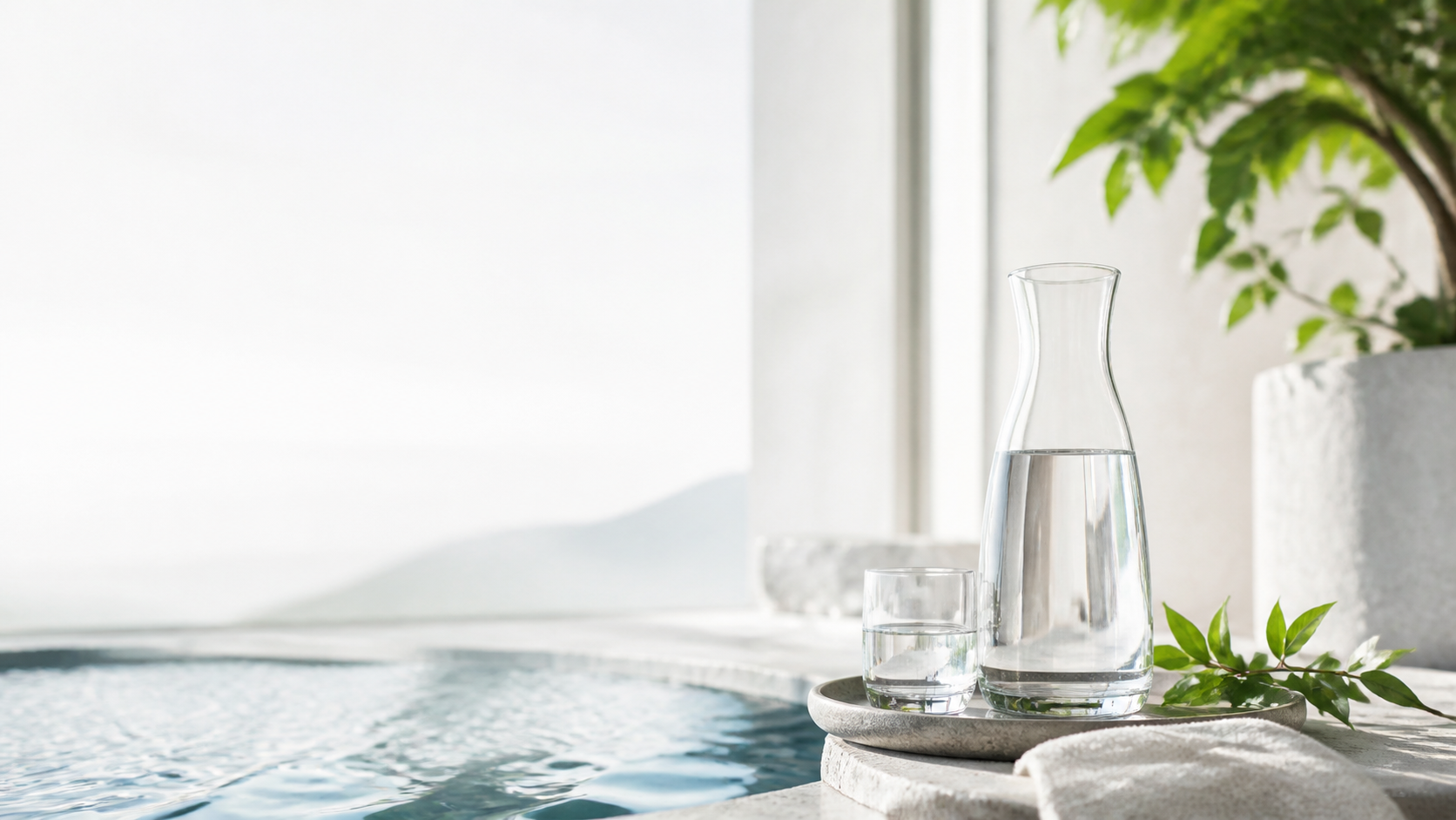 Eine helle, ruhige Wasser-Szene mit Glaskaraffe und klaren Reflexionen